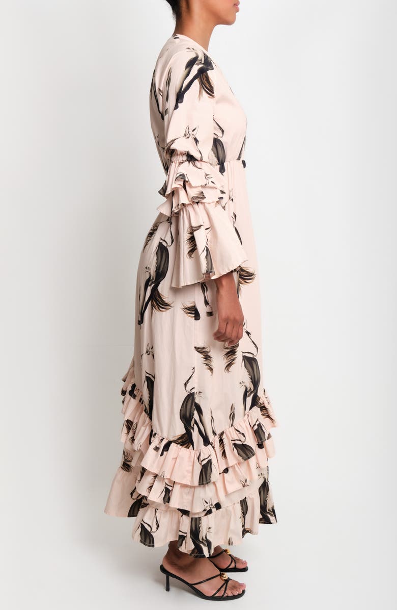 The Lulo Project Gaucho Horse Print Long Sleeve Ruffle Maxi Dress, Alternate, color, Beige Horses