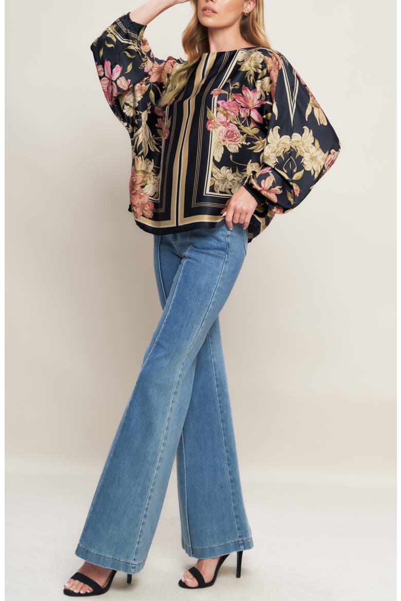 Floral & Stripe Print Satin Top, Alternate, color, BLACK