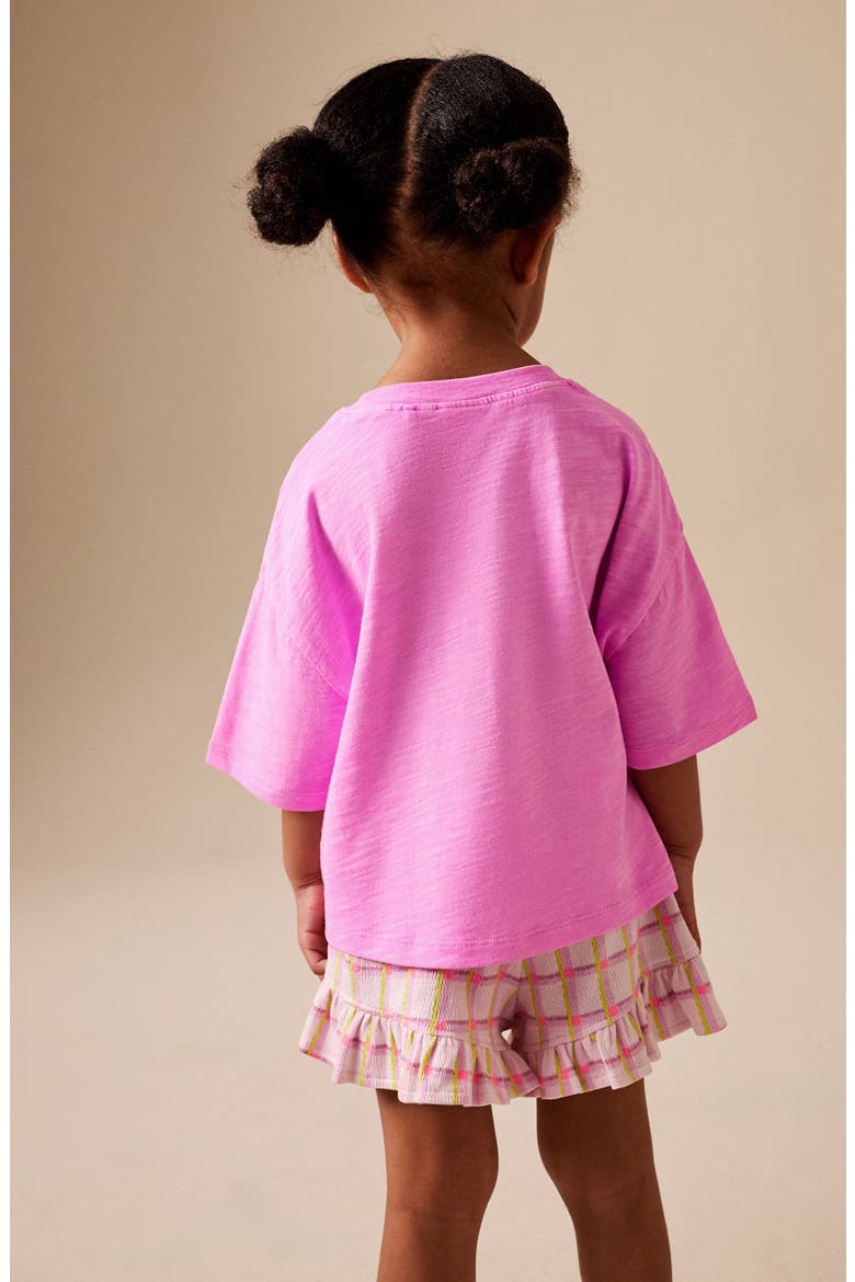 Kids' Plush Flower Appliqué T-Shirt & Check Shorts Set, Alternate, color, PINK