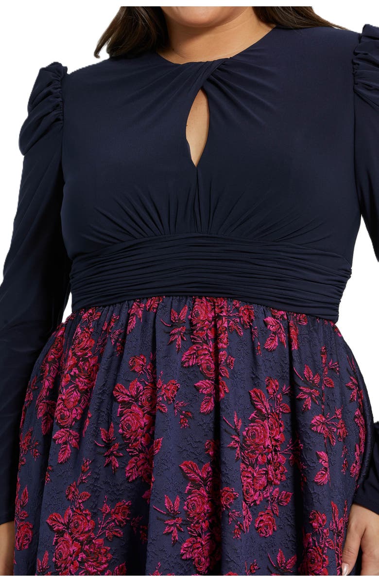 Mac Duggal Long Sleeve Keyhole Knot Neck Floral Bottom Gown, Alternate, color, Midnight