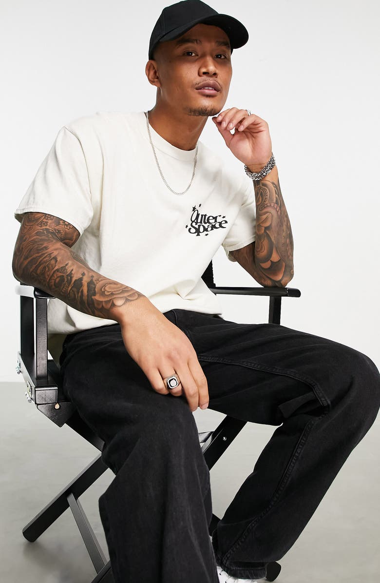 Topman Men's Oversize Outer Space Cotton Graphic Tee, Alternate, color, Stone