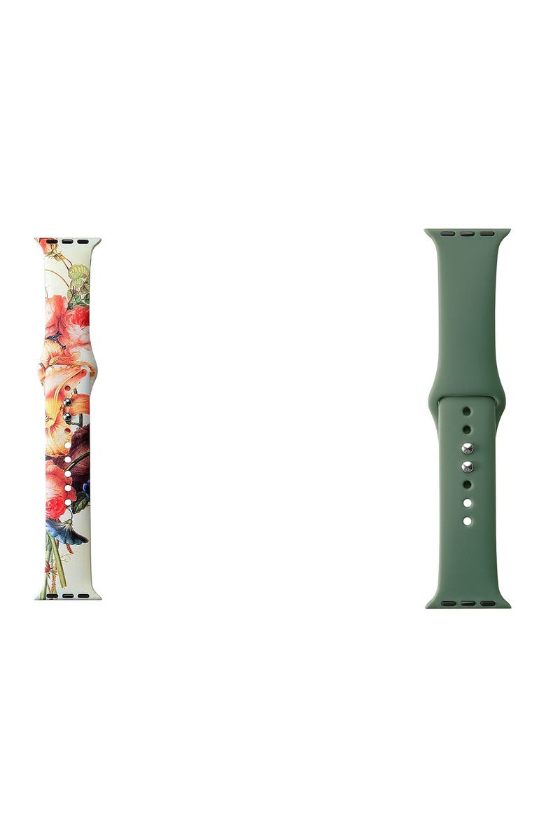 The Posh Tech Assorted 2-Pack Floral & Silicone Apple Watch<sup>®</sup> Watchbands, Alternate, color, Yellow Floral & Green Silicone