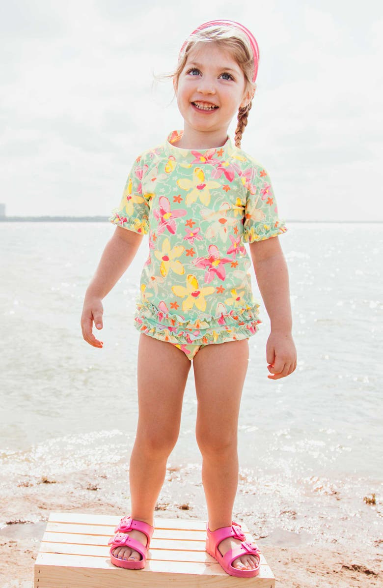 RuffleButts Waltzing On Water Two-Piece Rashguard Swimsuit & Head Wrap Set, Alternate, color,