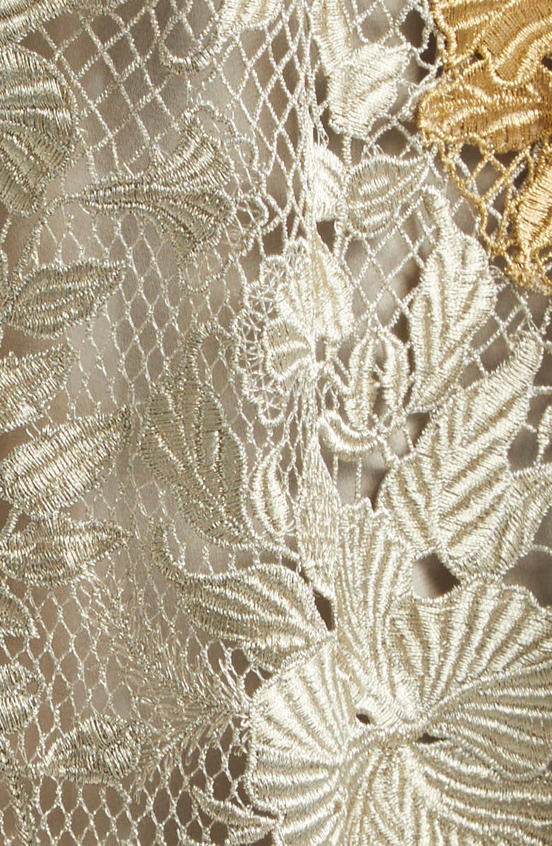 Oscar de la Renta Hibiscus Metallic Guipure Lace Midi Dress, Alternate, color, Gold/ White Gold