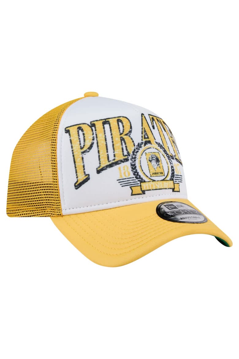 Men's New Era White/Gold Pittsburgh Pirates Distressed 9FORTY A-Frame Adjustable Trucker Hat, Alternate, color, White