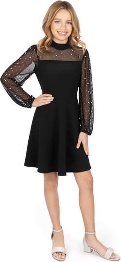Kids' Faux Pearl & Rhinestone Sheer Sleeve Dress