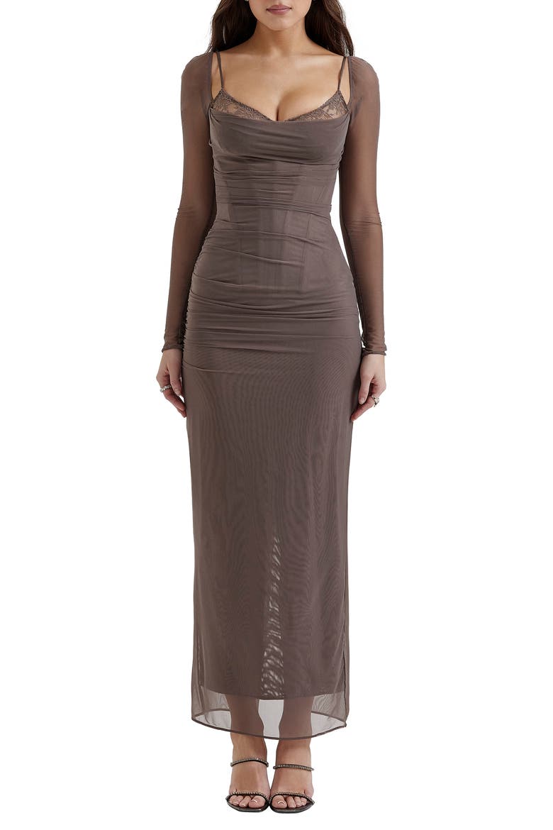 Katrina Lace Mesh Long Sleeve Gown, Main, color, PEBBLE GREY