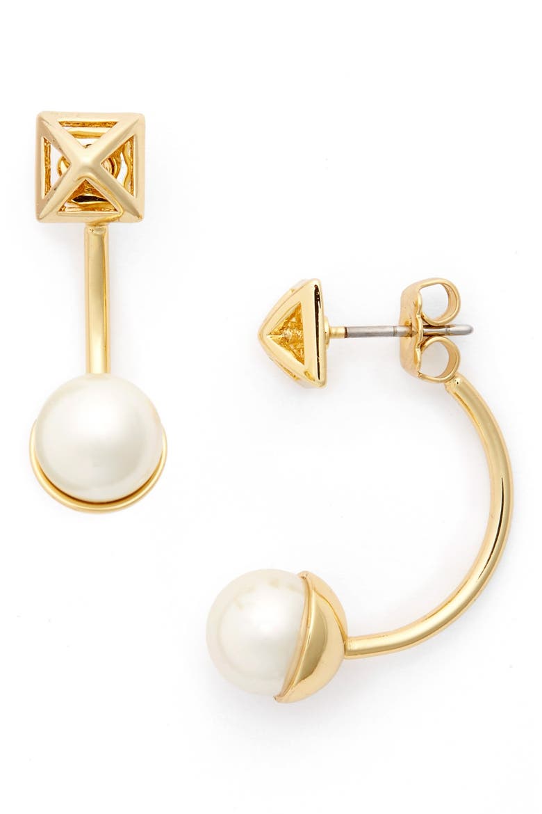 'Pearl Stud' Cutout Drop Earrings, Main, color, GOLD/ WHITE PEARL