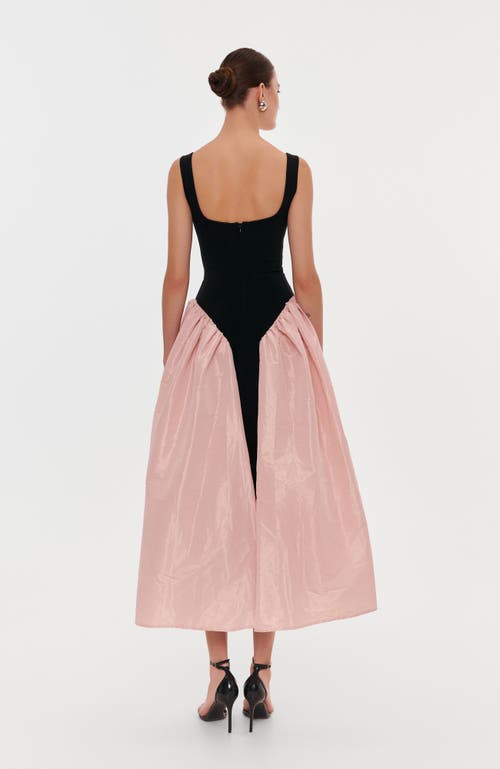Milla Black Corset Dress On Straps With A Glossy Pink Midi Skirt In Pink