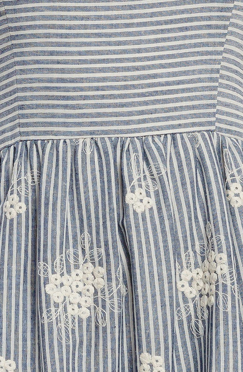 FLYING TOMATO Stripe Floral Embroidered Tie Shoulder Midi Dress, Alternate, color, Striped Indigo