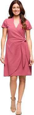 24seven Comfort Apparel Maternity Mandarin Collar Knee Length Wrap Dress