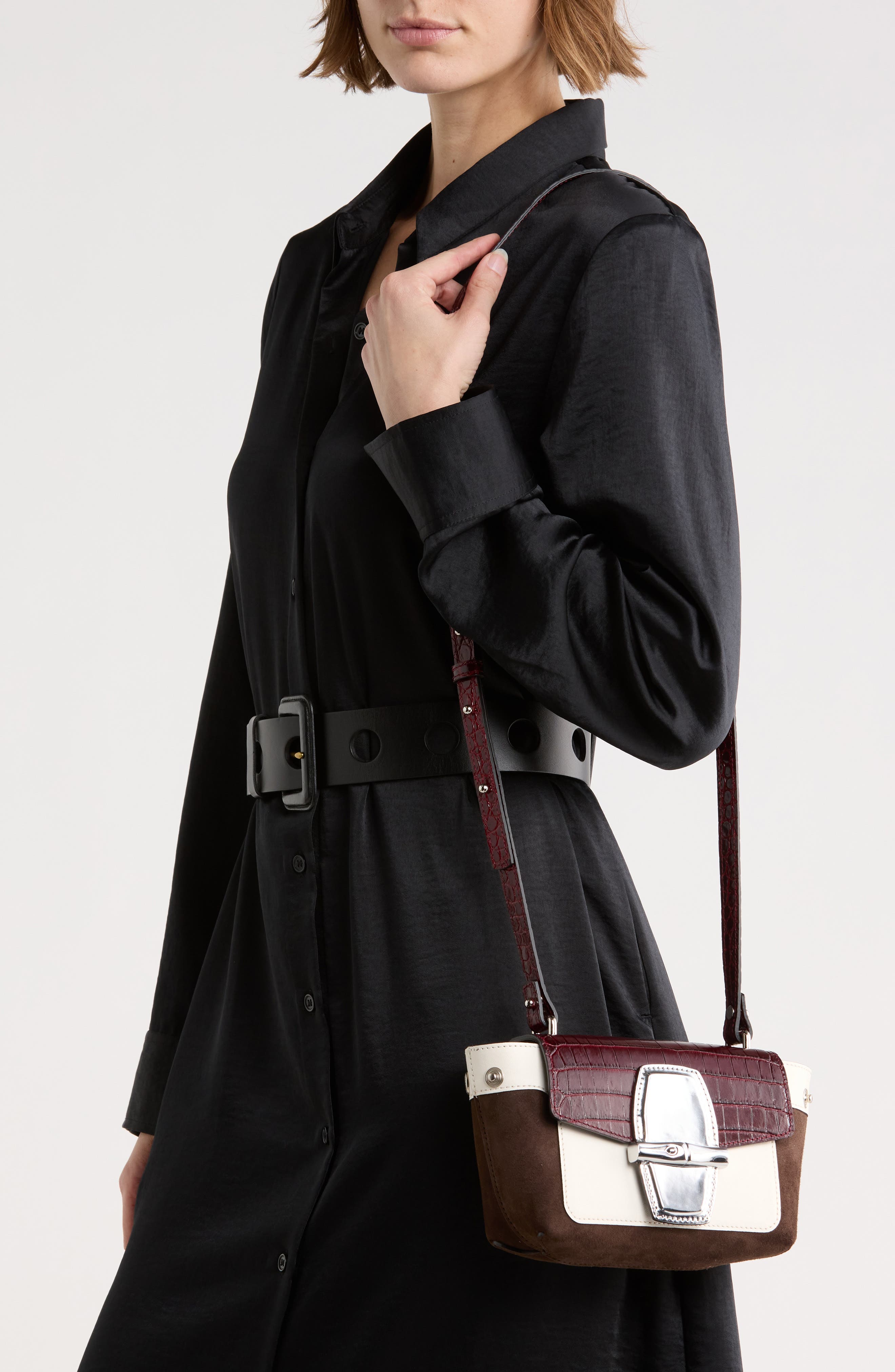 Longchamp Roseau Croc Embossed Small Crossbody Bag, Alternate, color, Ebony