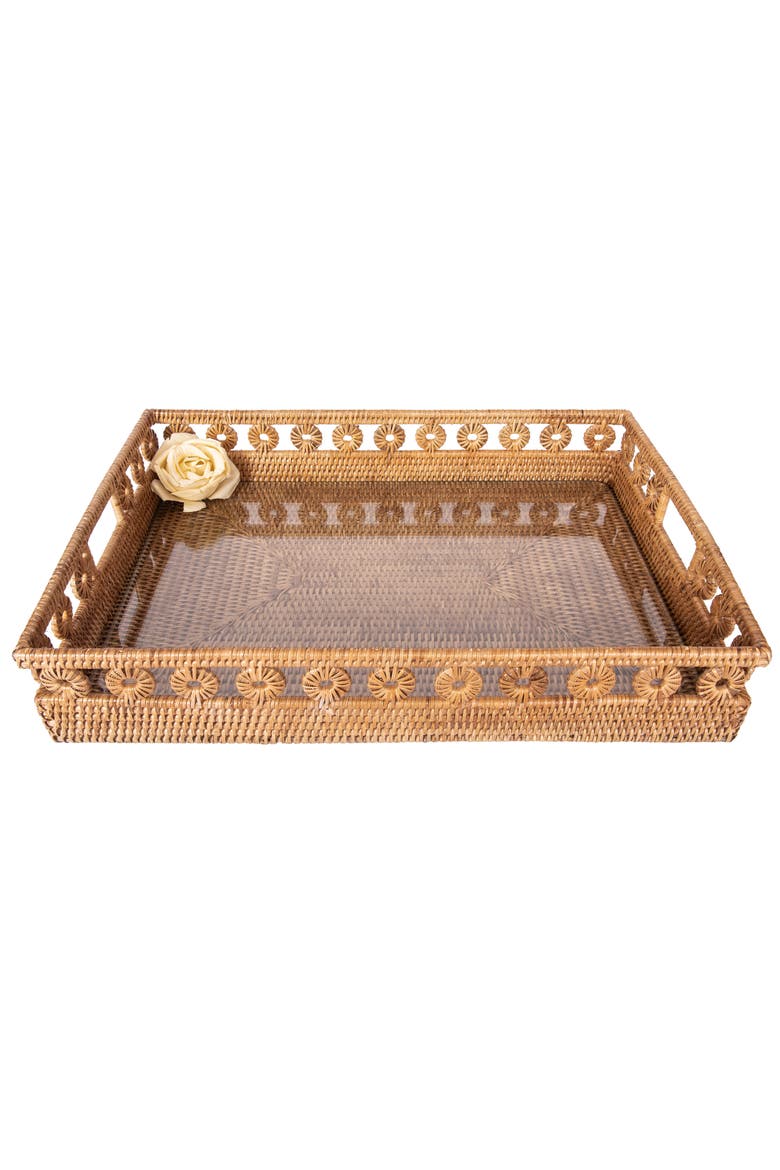 Artifacts Rattan Inna Design Rectangular Tray with Cutout Handles & Glass Insert, Alternate, color, Honey Brown