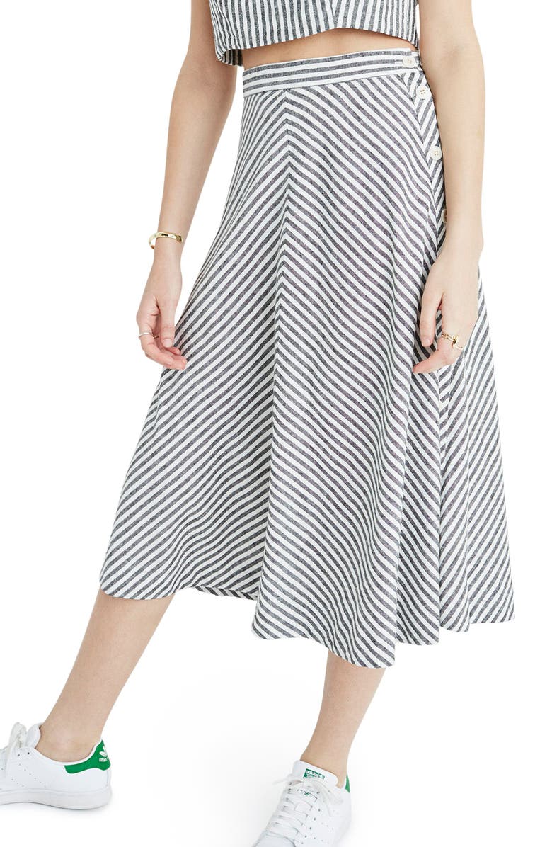 Madewell Stripe Side Button Midi Skirt, Alternate, color, 