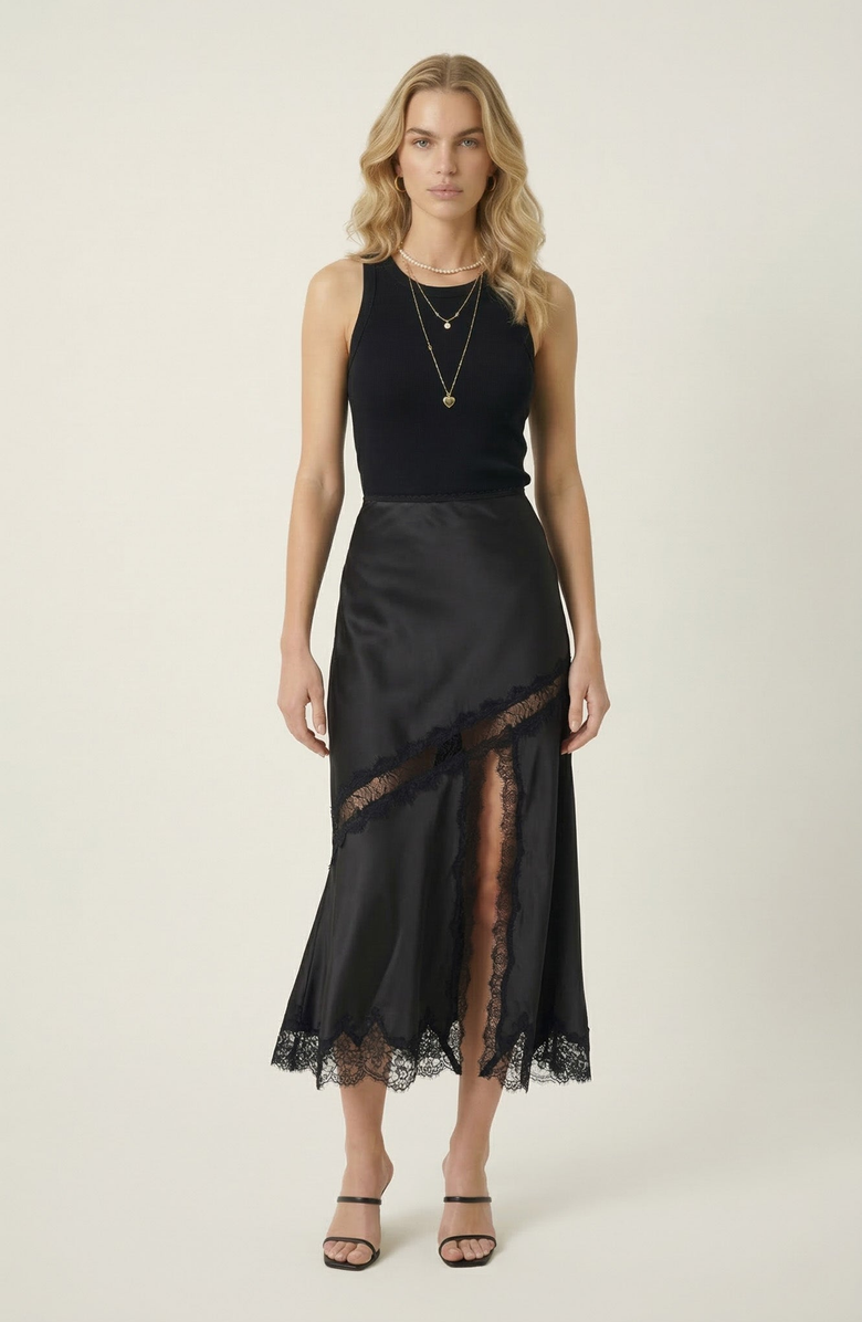Modenaire Lace Trim Asymmetric Satin Midi Skirt with Contrast Panel, Alternate, color, Black