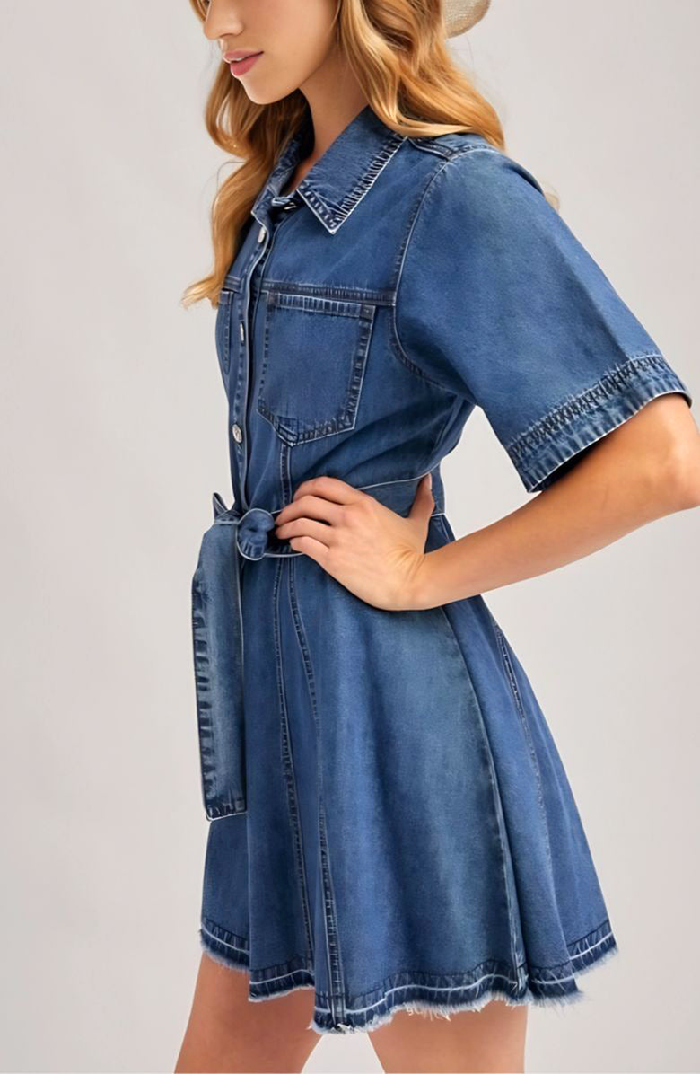Knit and Lounge Short Sleeve Belted Denim Shirt Dress, Alternate, color, Denim Blue