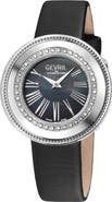 GEVRIL Gandria Swiss Quartz Diamond Bezel Leather Strap Watch, 36mm