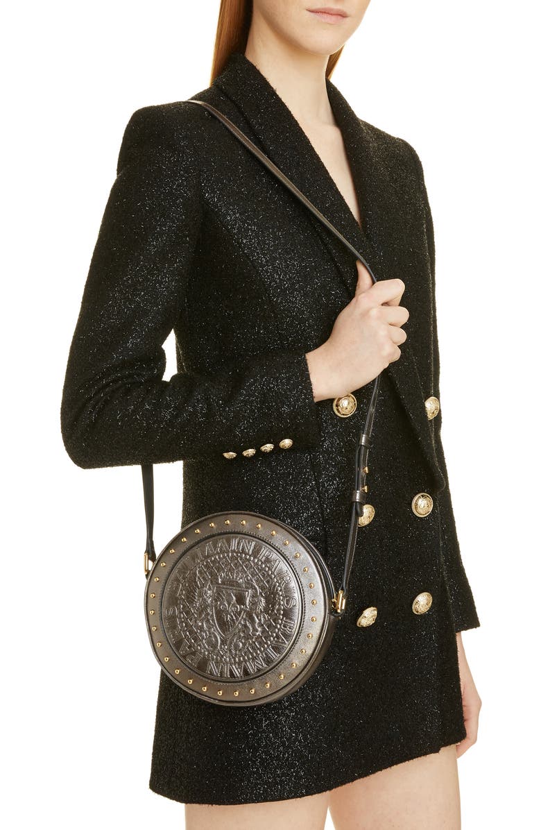 Balmain Disco Embossed Metallic Calfskin Leather Crossbody Bag, Alternate, color,