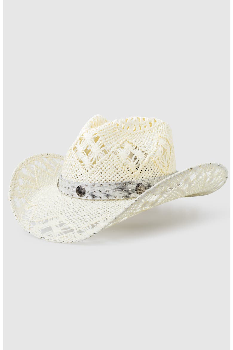 Twister Annie  Handwoven Straw Sun Hat - Bohemian Summer Cowboy Hat, Main, color, White  / Gray