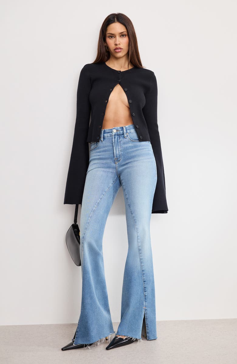 Good American Ribbed Bell Sleeve Cardigan, Alternate, color, Black001