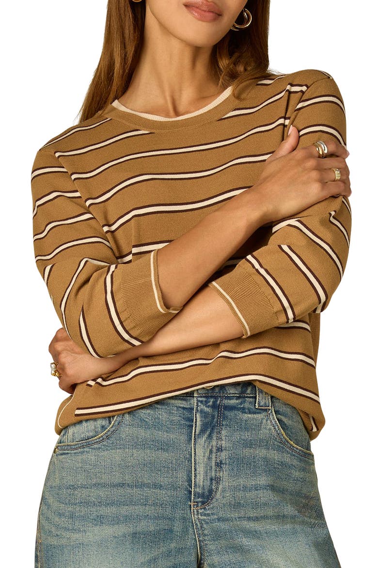 Stripe Three Quarter Sleeve Crewneck Sweater, Main, color, HONEY WHEAT/ ECRU MULTI