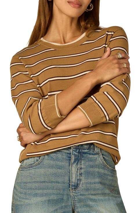 Stripe Three Quarter Sleeve Crewneck Sweater