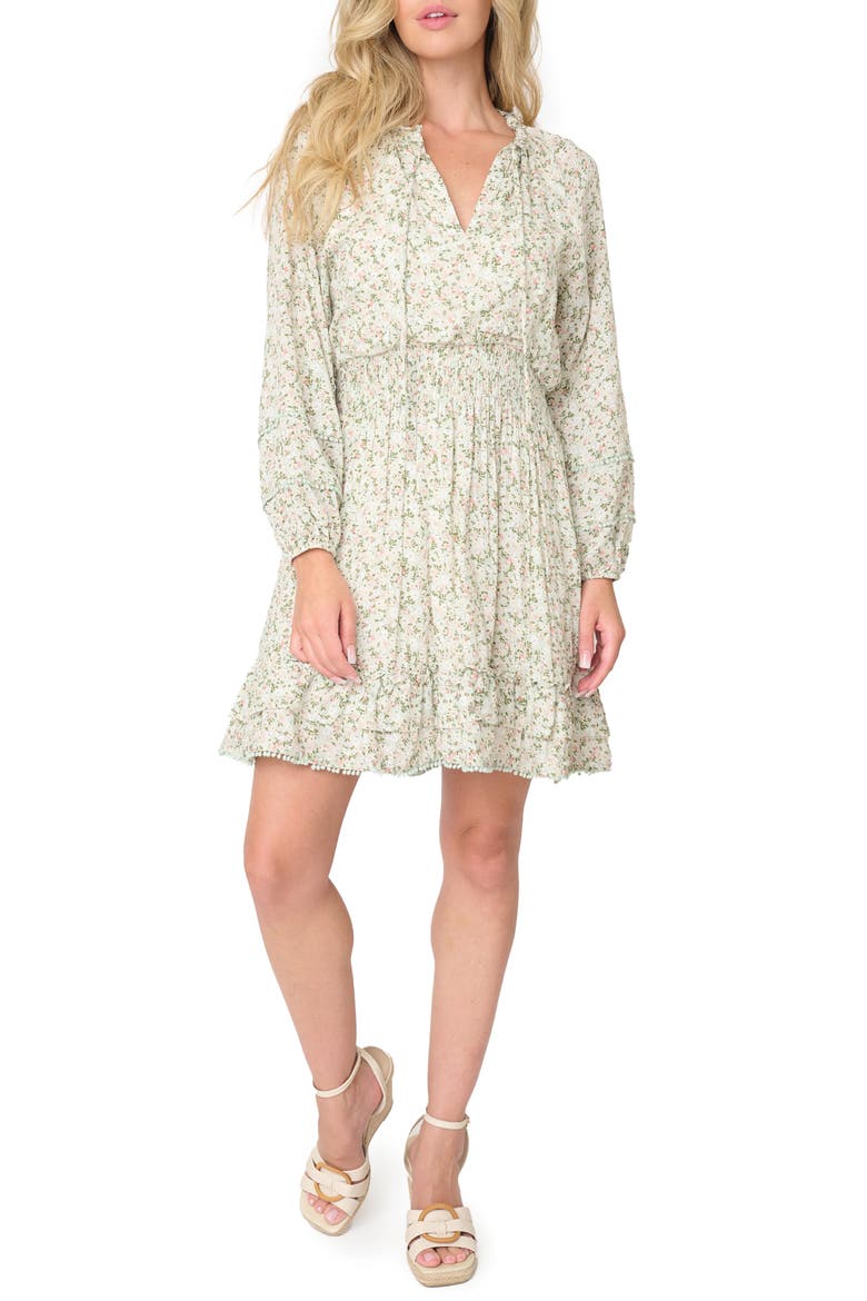 Wanderlust Pom Pom Trim Long Sleeve Dress, Main, color, SOFT SAGE FLORAL