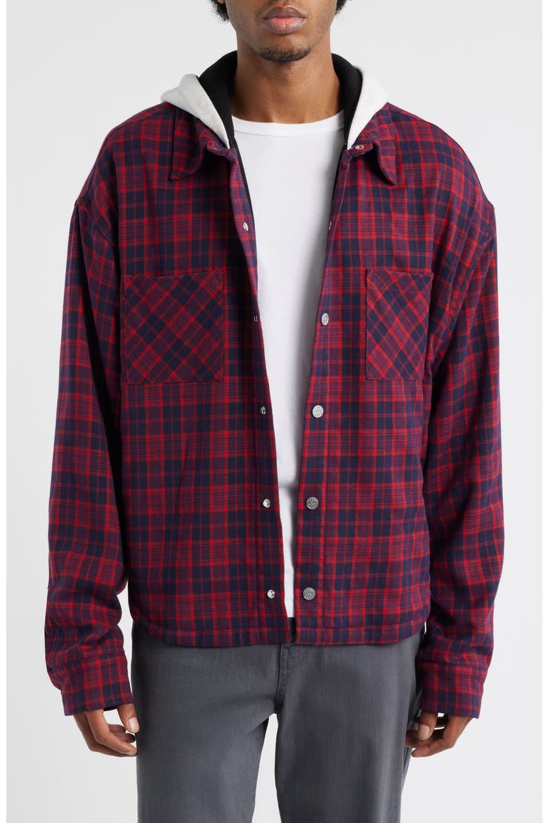 Eagle Hooded Plaid Snap-Up Flannel Shirt Jacket, Main, color, RED/NAVY