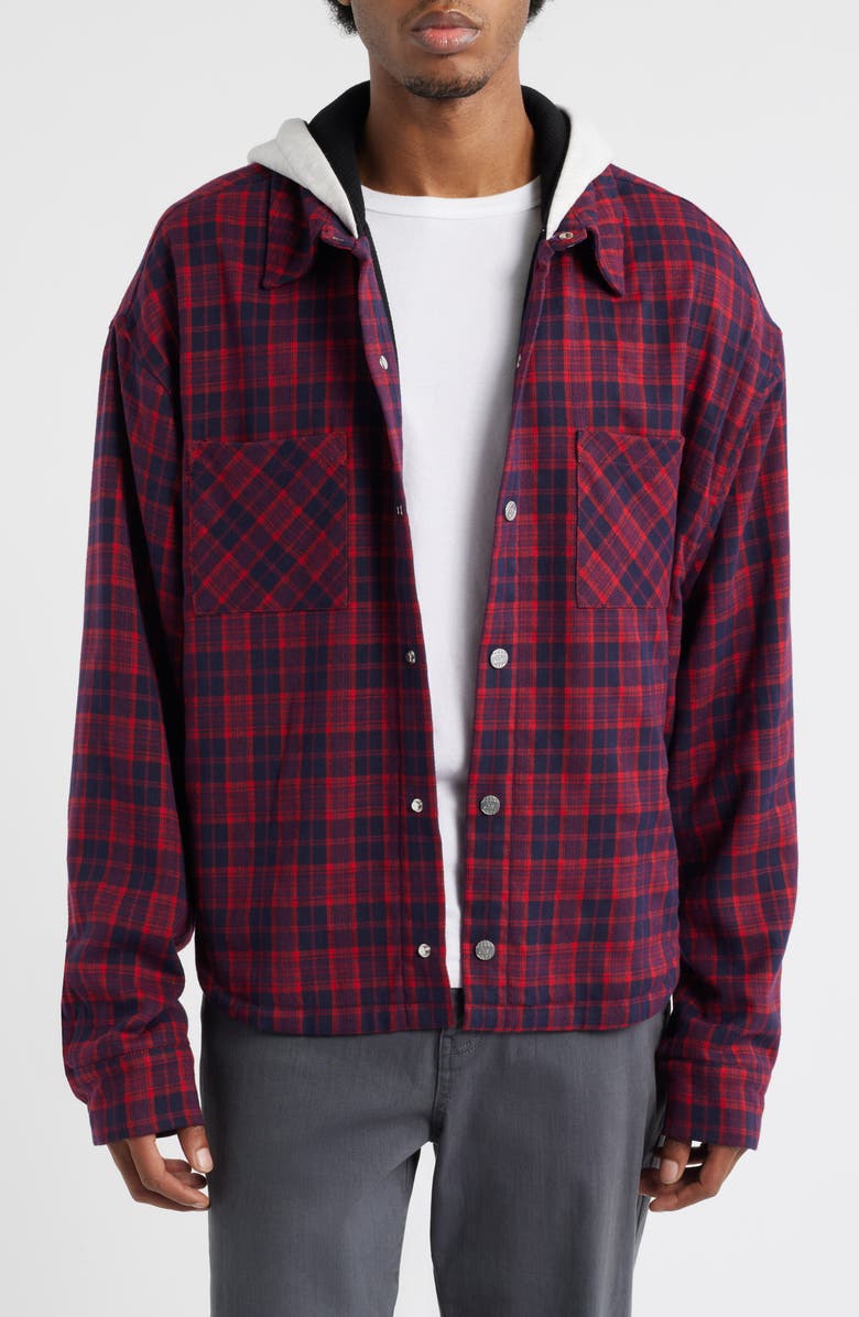 DIET STARTS MONDAY Eagle Hooded Plaid Snap-Up Flannel Shirt Jacket, Main, color, Red/Navy