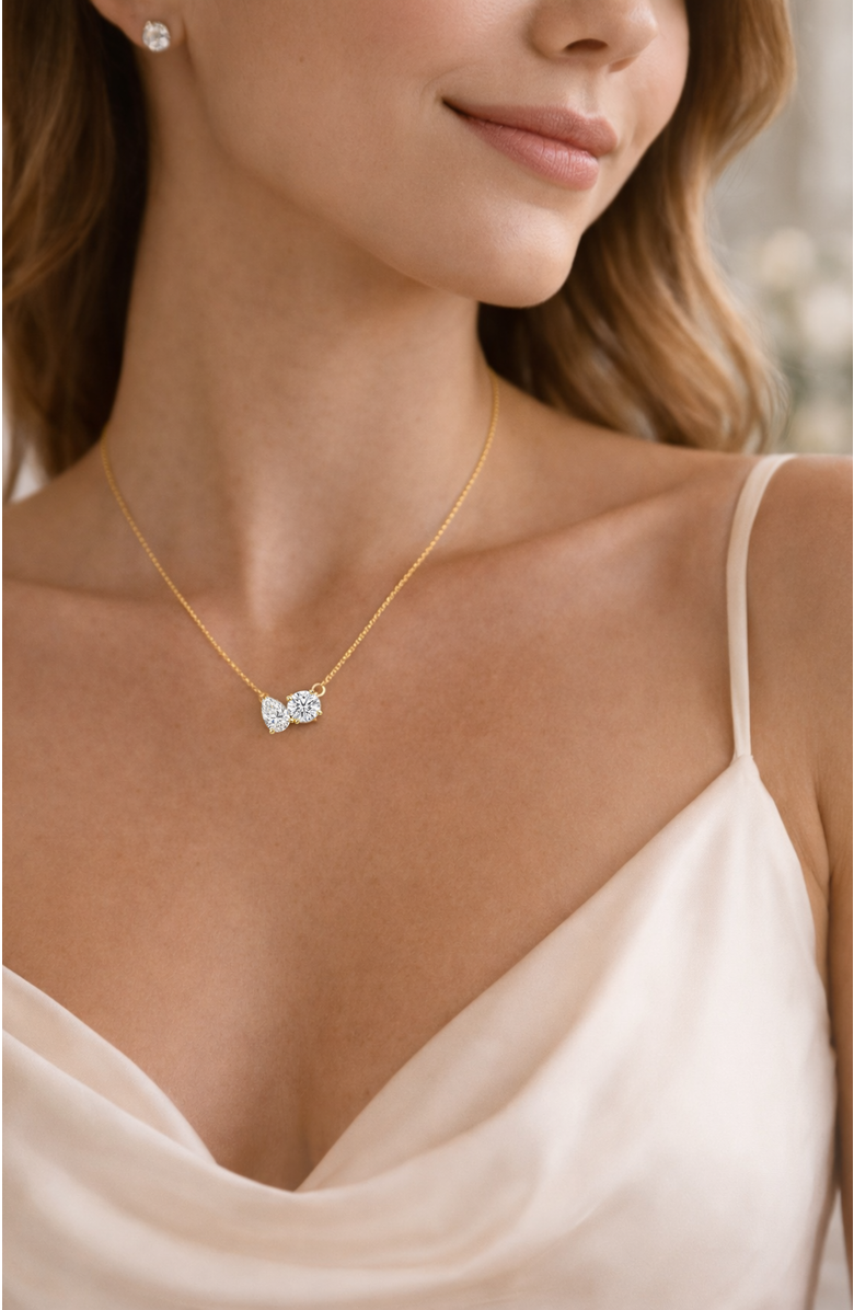 DLORIA 2 ct. t.w. Toi et Moi Moissanite Necklace (Pear & Round-Cut, Color D, FL Clarity) in Gold Vermeil, Alternate, color, Gold