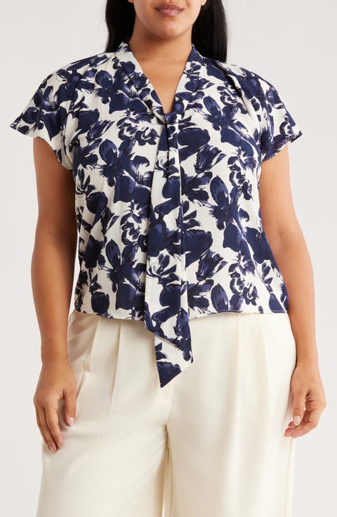 Tie Neck Flutter Sleeve Top (Plus)