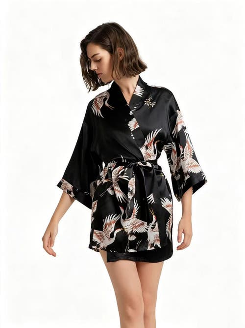 Silksilky 19momme Pure Silk Printed Short Kimono Robe In Black
