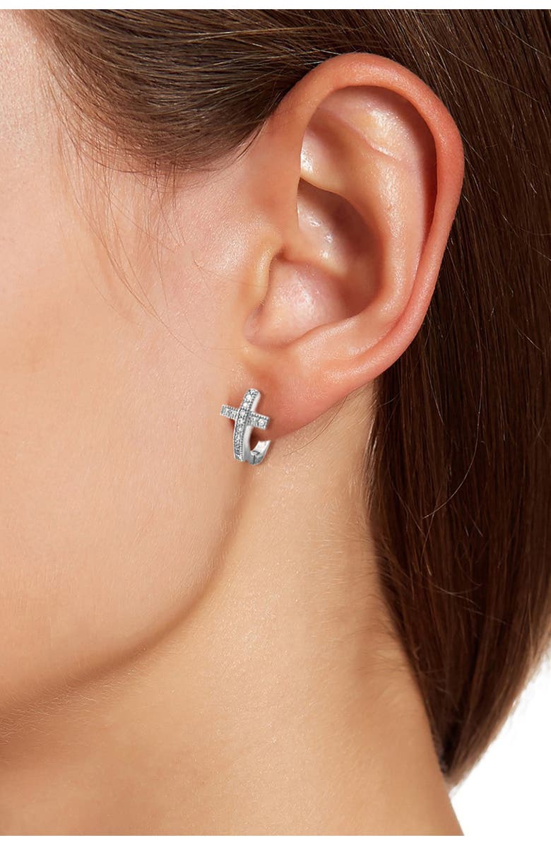 SAVVY CIE JEWELS Sterling Silver CZ Cross 12mm Huggie Hoop Earrings, Alternate, color,
