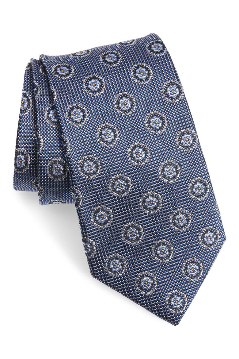 Medallion Silk Tie, Main, color, NAVY