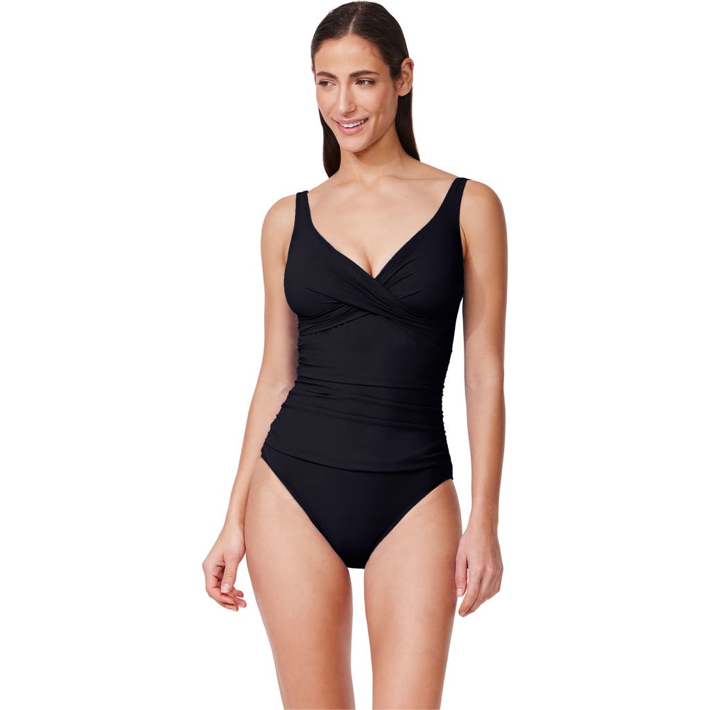 Profile By Gottex Tutti Frutti Twist Front V-neck One Piece In Black