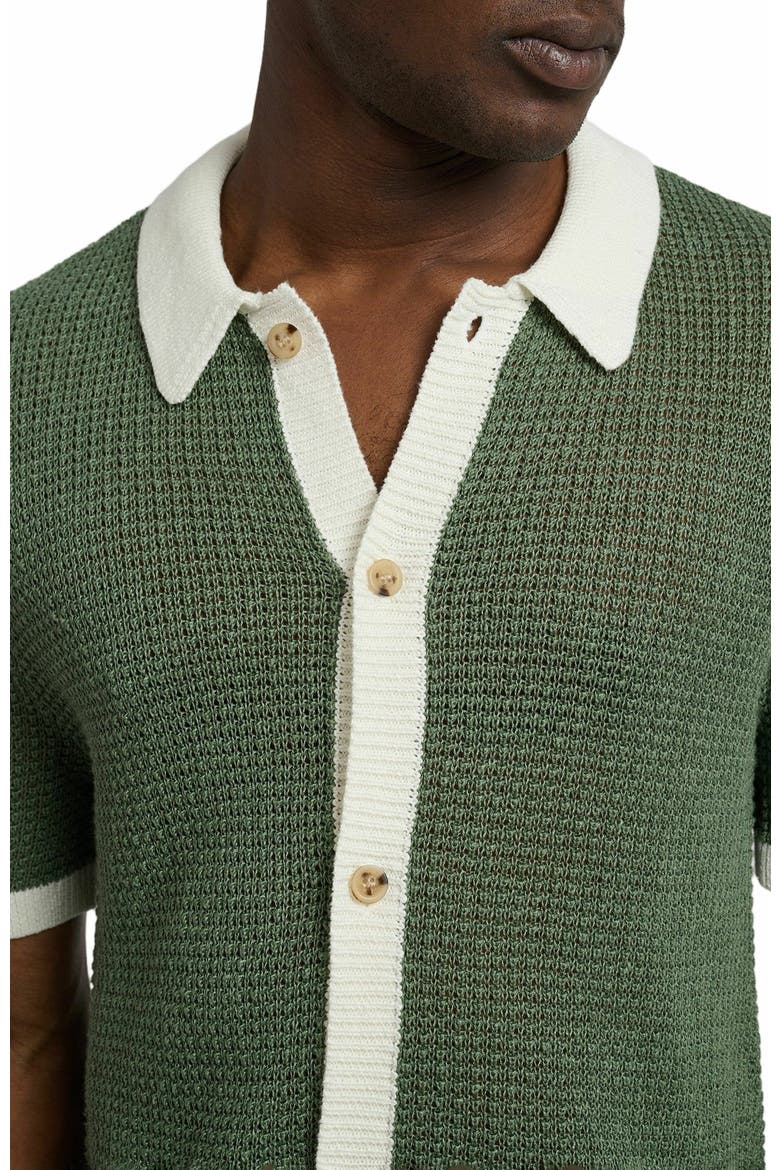 Linen Short Sleeve Button Up Sweater, Alternate, color, SEASPRAY/WHITE