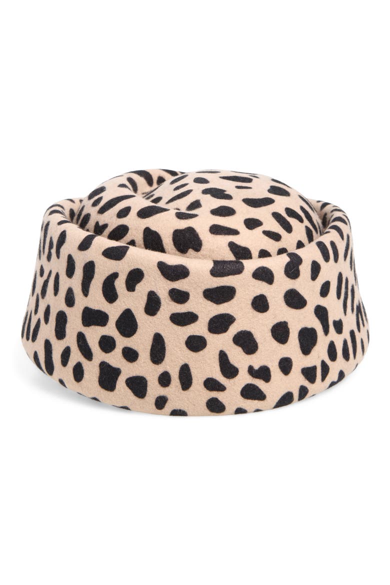 Odette Spotted Wool Pillbox Hat, Main, color, SNOW LEOPARD