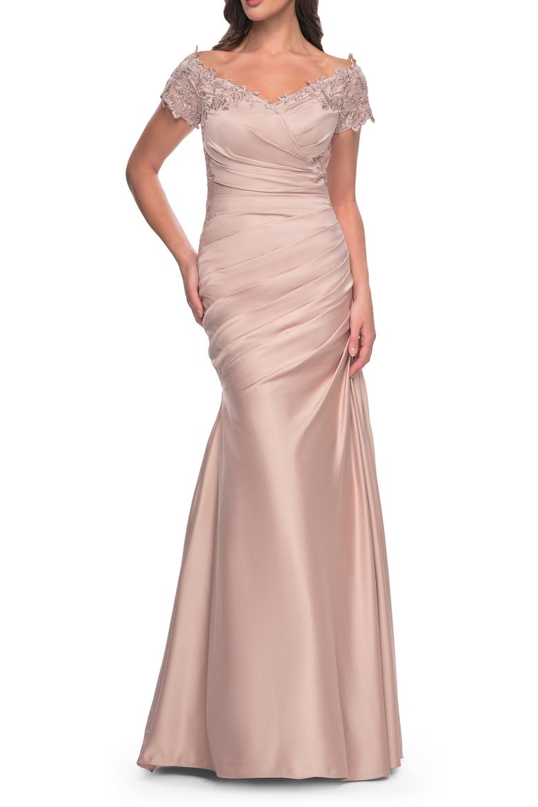 Off the Shoulder Satin and Lace Mermaid Pleated Gown, Alternate, color, Champagne