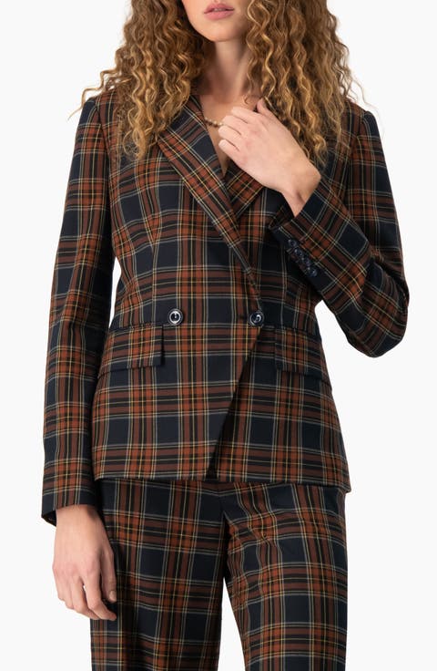 Plaid Geometric Double-Breasted Blazer