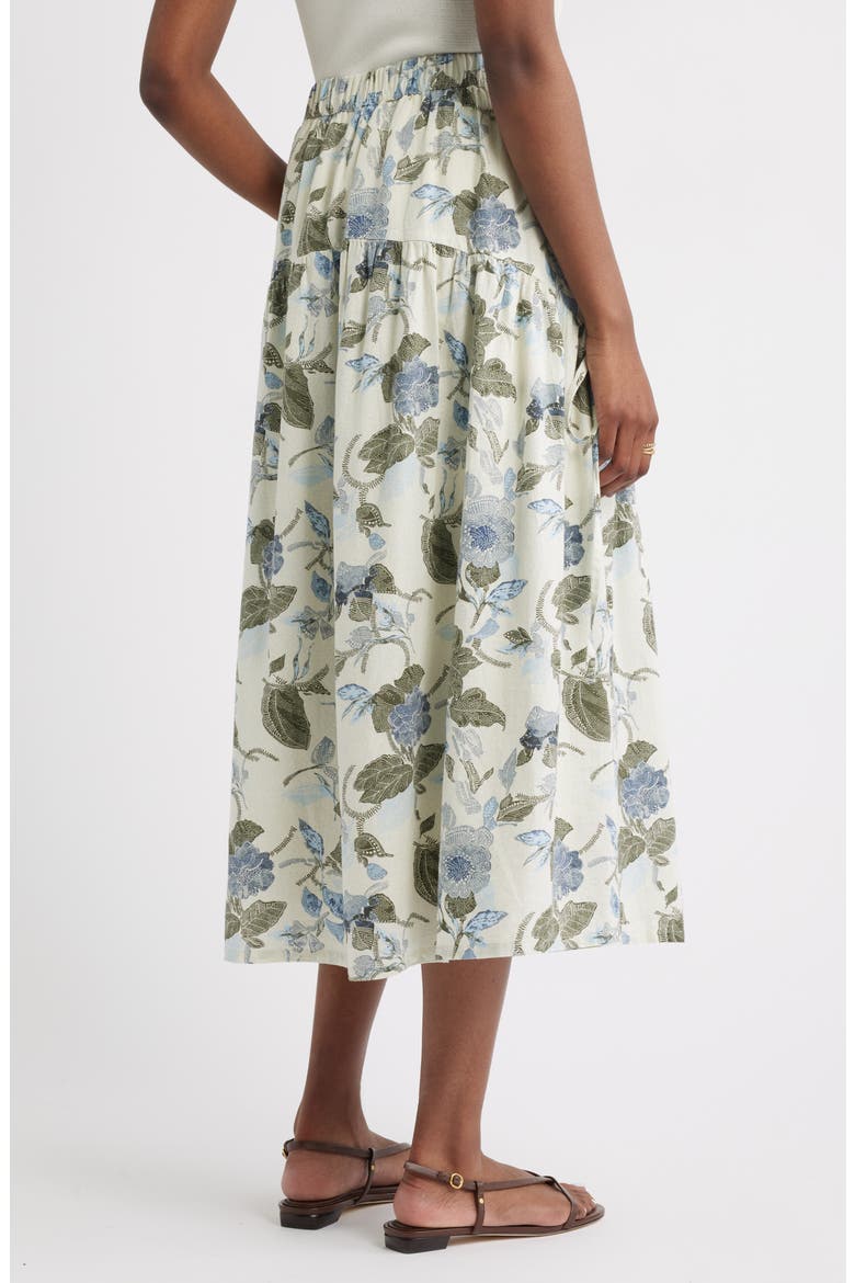 Tiered Drop Waist Linen Blend Midi Skirt, Alternate, color, IVORY- OLIVE JACOBEAN BLOOM