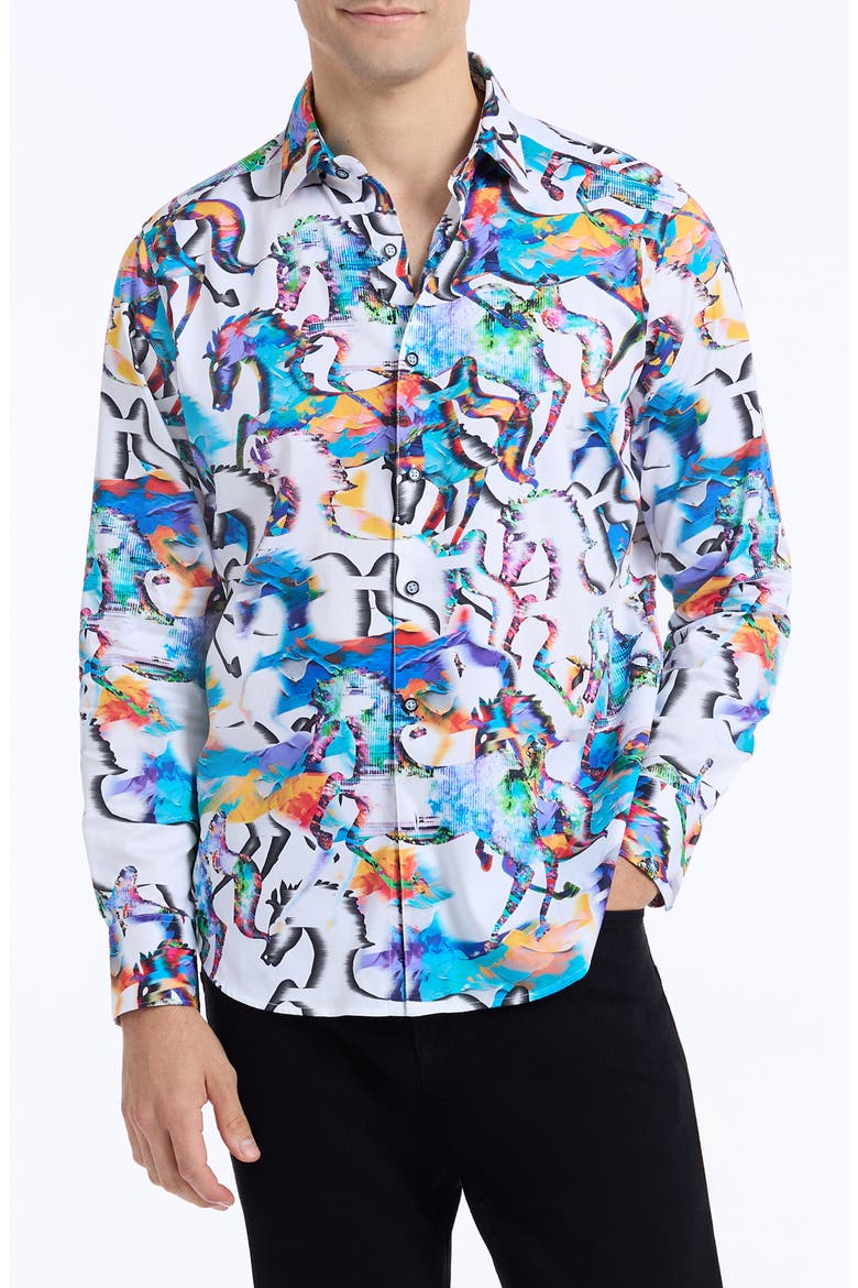 Mane Event Stretch Cotton Button-Up Shirt, Main, color, BLUE MULTI