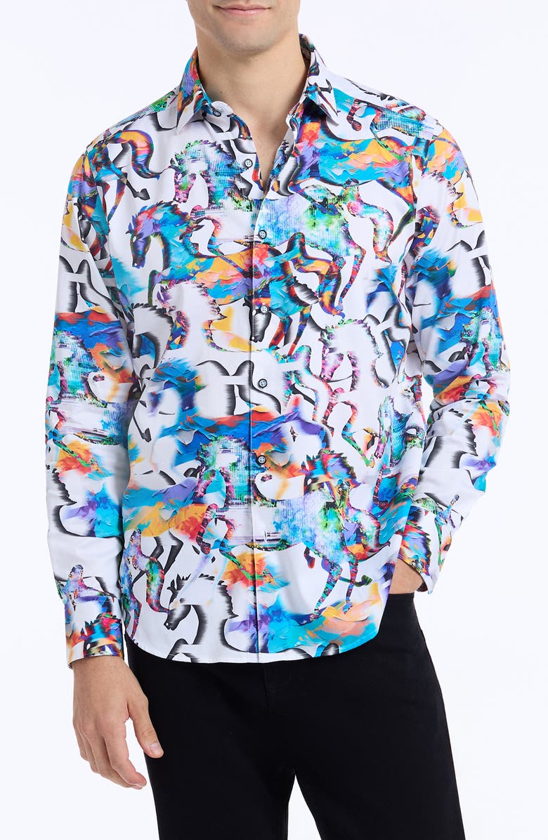 Robert Graham Mane Event Stretch Cotton Button-Up Shirt, Main, color, Blue Multi