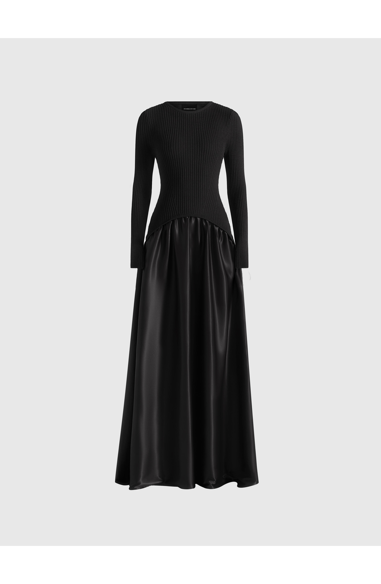 Manière De Voir Adeline Knit & Satin Curved Hem Maxi Dress, Alternate, color, Black