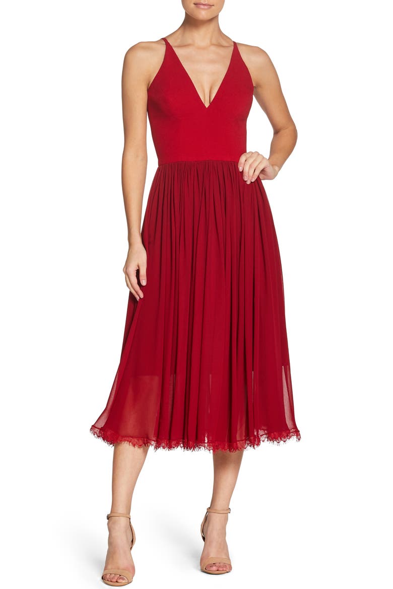 Alicia Mixed Media Midi Dress, Main, color, GARNET