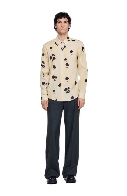 Sandro Mens Off White Floral-print Pointed-collar Linen Blend Shirt In Gold