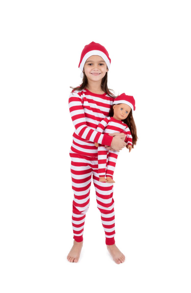 Leveret Girls 2-pc. Cotton Pajamas with Matching Doll Accessory - Holiday Prints/Solids, Alternate, color, Red/White Stripes