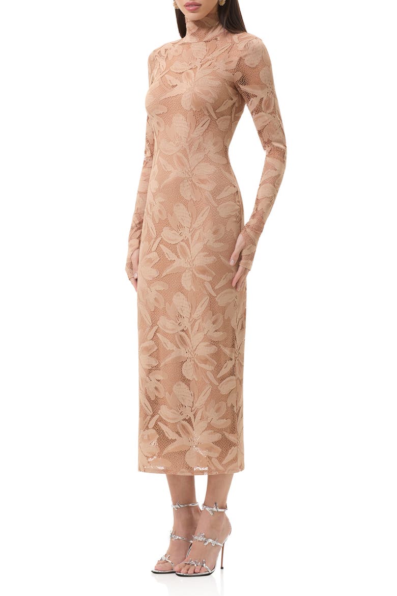 Shailene Floral Lace Long Sleeve Midi Dress, Alternate, color, ALMOND