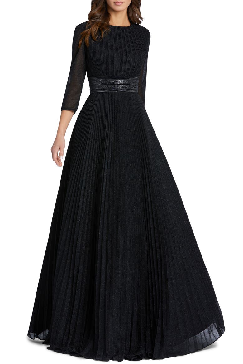 Shimmering Pleated A-Line 3/4 Sleeve Gown, Main, color, BLACK