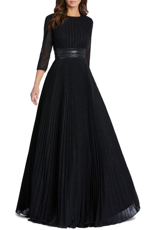 Shimmering Pleated A-Line 3/4 Sleeve Gown