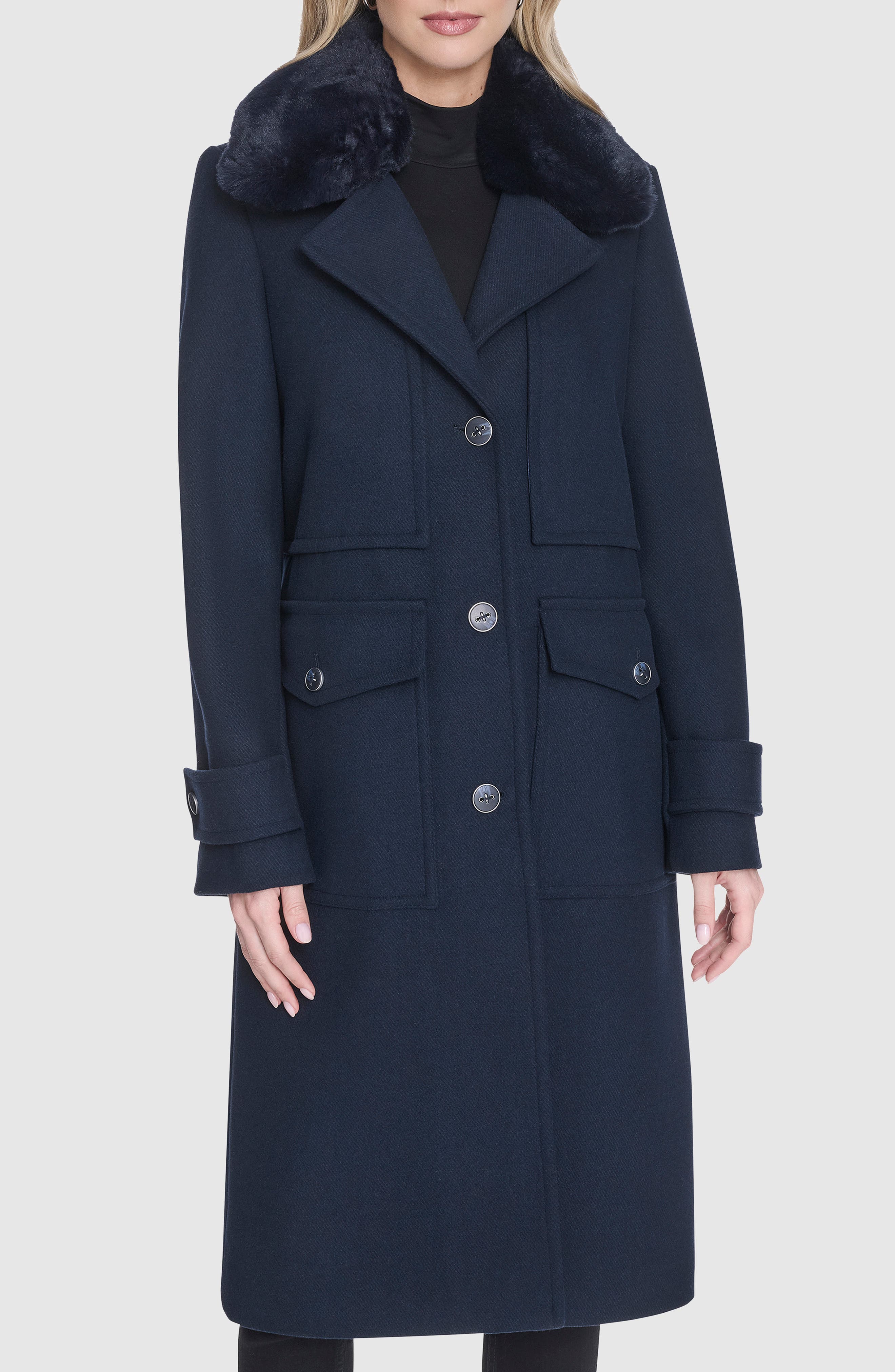 Andrew Marc Faux Fur Collar Wool Blend Coat